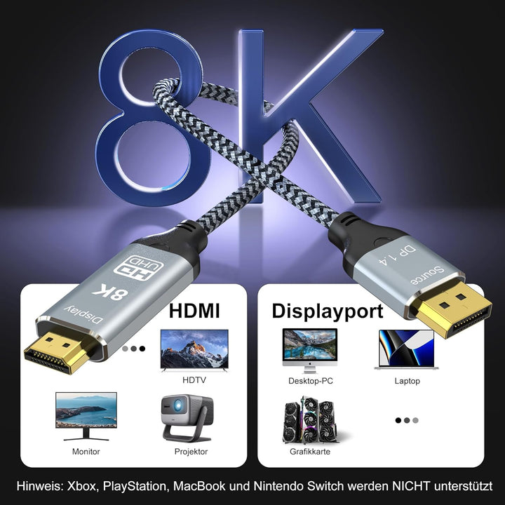 8K DisplayPort 1.4 zu HDMI 2.1 Kabel 2 m, 8K 60Hz 4K 120Hz 144Hz 2K 240Hz, HDR, Nur von DP zu HDMI F