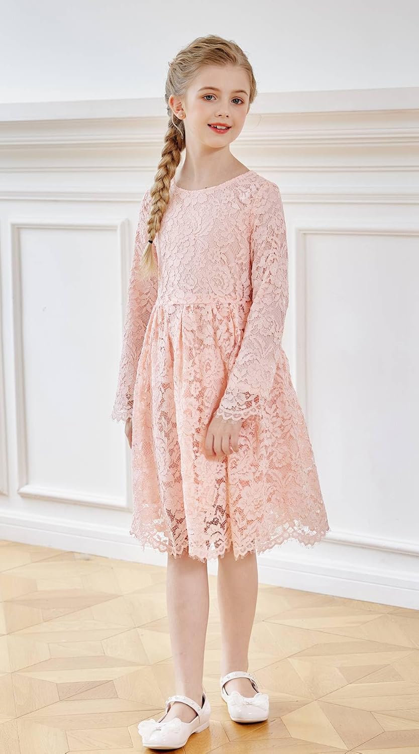 SMILING PINKER Mädchen Festliches Kleid Kinder Spitze Langarm Blumenmädchen Hochzeit Prinzessin Komm