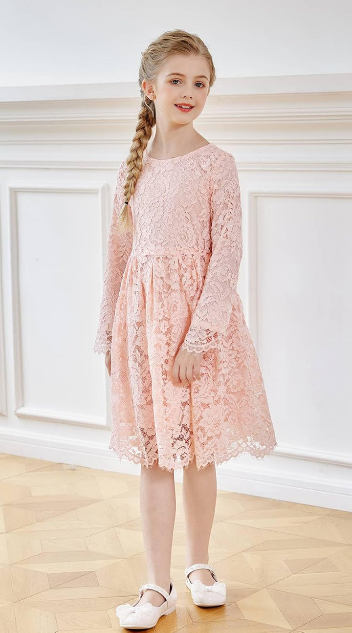 SMILING PINKER Mädchen Festliches Kleid Kinder Spitze Langarm Blumenmädchen Hochzeit Prinzessin Komm