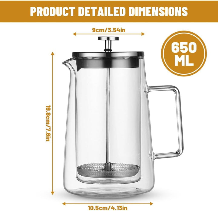 French Press Kaffeebereiter, Glas Kaffeepresse, Kaffeezubereiter für Zuhause, Thermo Doppelwand Desi