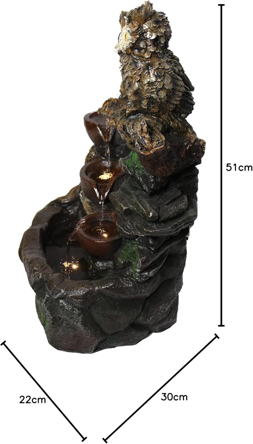 Gartenbrunnen Eule mit LED-Beleuchtung Springbrunnen Terrassenbrunnen Wasserspiel Zimmerbrunnen