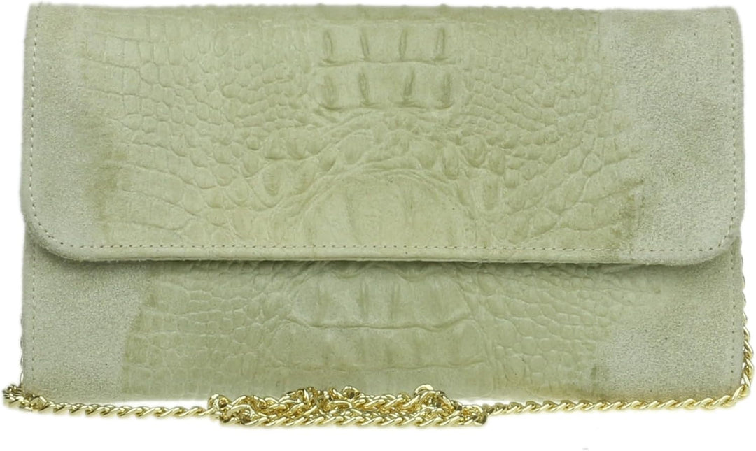Girly Handbags Schlichte Clutch aus italienischem Wildleder mit Krokodilmuster Beige, Beige