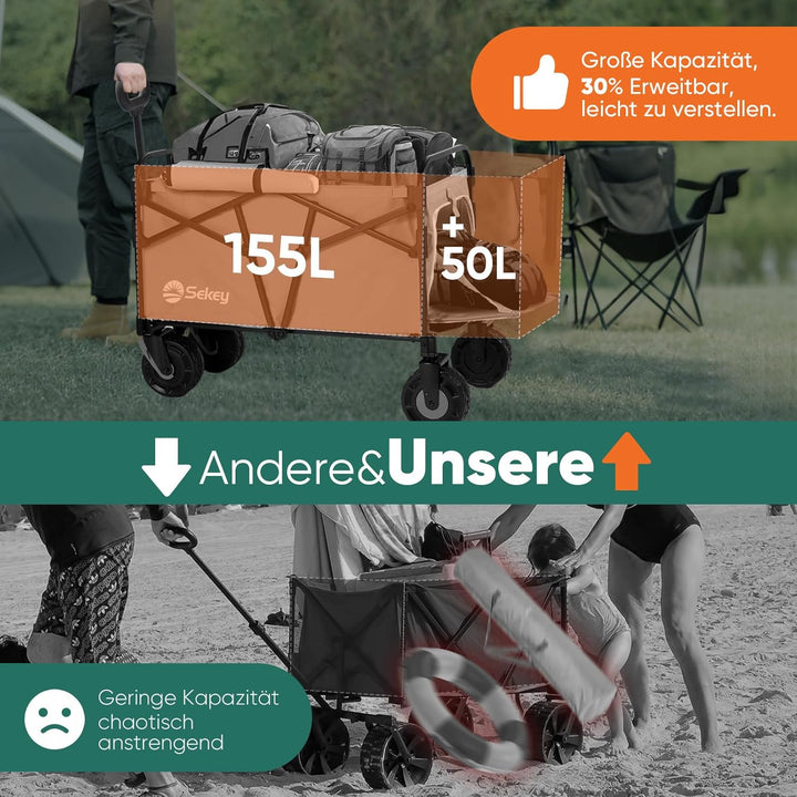 Sekey XXL Bollerwagen Faltbar mit Erweiterbarer Heckklappe 135L & 200L, Faltbarer Bollerwagen Klappb