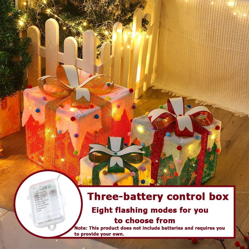 Led Geschenkbox Weihnachten mit Timer 3er Set, Led Deko Geschenke Leucht Boxen, Weihnachtsdeko Leuch