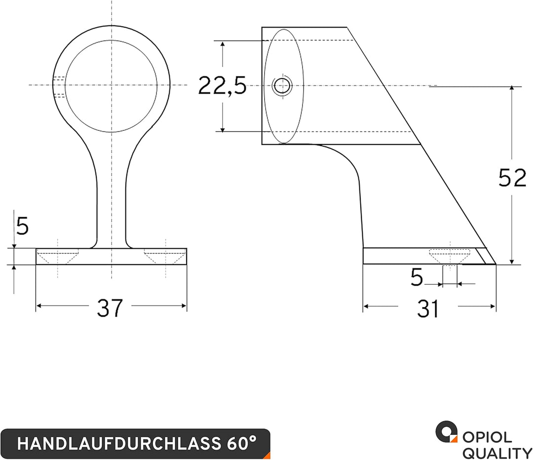 Handlaufhalter Edelstahl A4 V4A 60° 22mm (2 Stück) Handlaufdurchlass Handlauf Geländer Reling Durchl