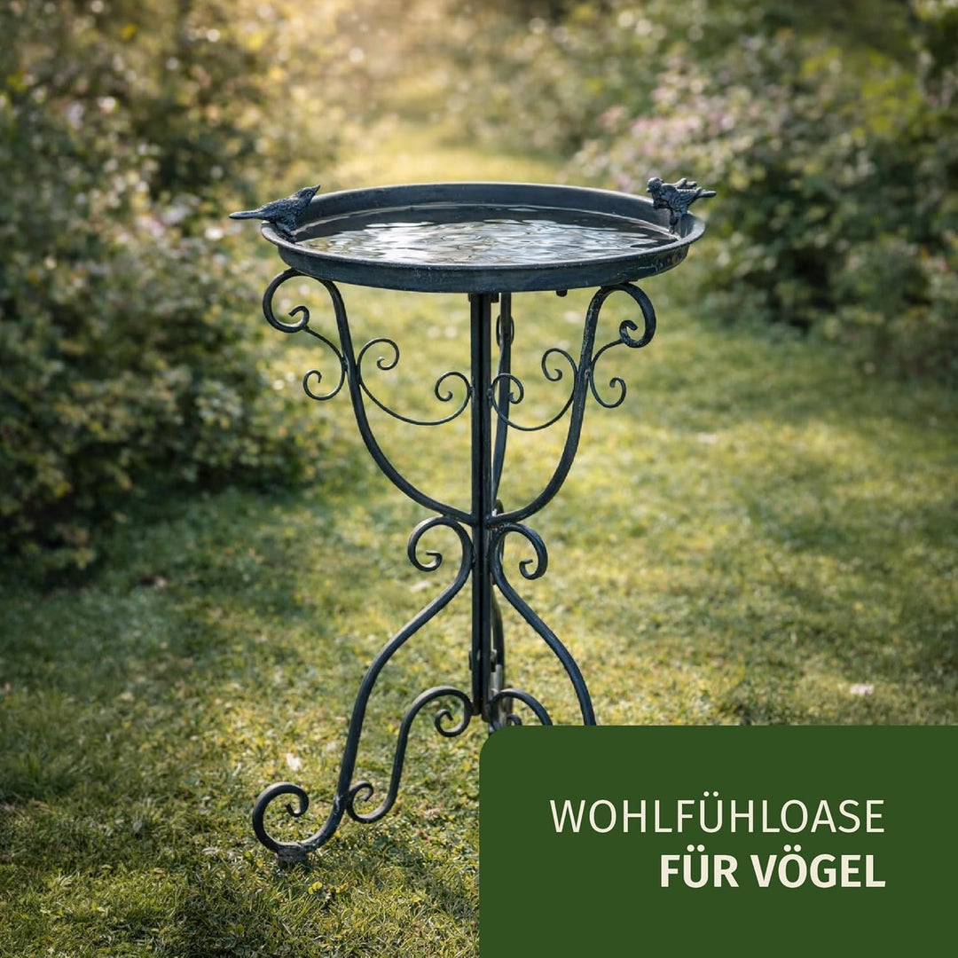 Moritz Vogeltränke Vogelbad blau mit DREI kleinen Vögeln auf der Wasserschale Höhe 74cm stehend Voge