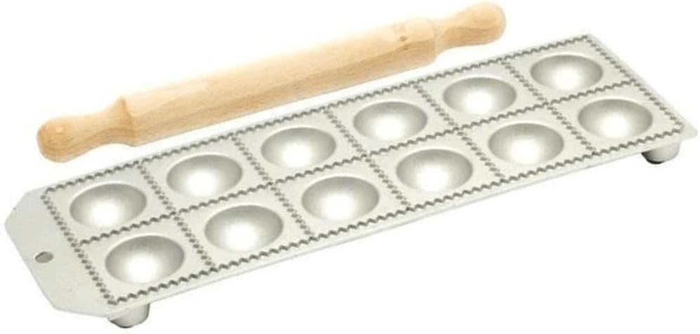Eppicotispai Ravioli-Maker aus Aluminium mit 12 Löchern, rund, mit Nudelholz