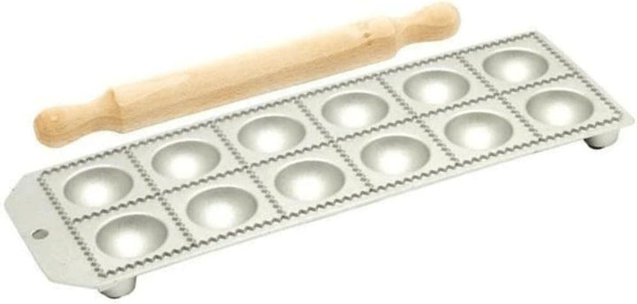 Eppicotispai Ravioli-Maker aus Aluminium mit 12 Löchern, rund, mit Nudelholz