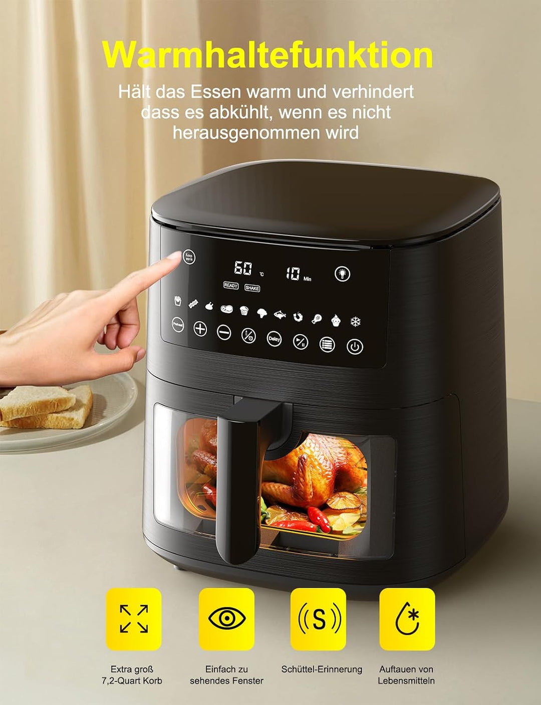 7,2L Heissluftfritteuse Airfryer mit Sichtfenster, 11-in-1 Air Fryer XXL mit Warm halten, Vorheizfun