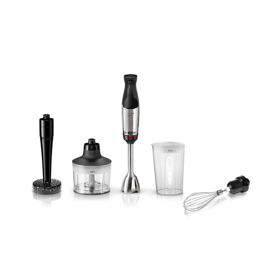 Bosch Stabmixer ErgoMaster Serie 6, einhändig bedienbar, 4 Edelstahl-Klingen, Zerkleinerer, Schneebe