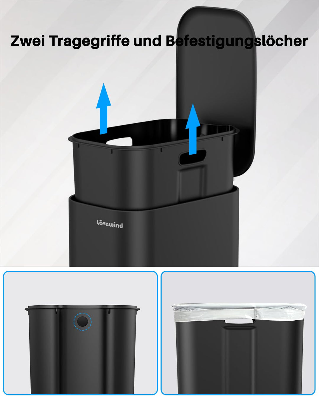 lovewind Mülleimer 30L mit Fusspedal, Schmaler Abfalleimer, Leise Schliessender Deckel, Entnehmbarer