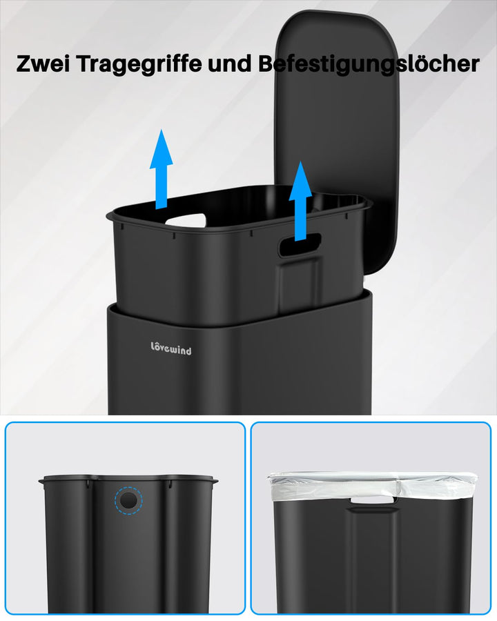 lovewind Mülleimer 30L mit Fusspedal, Schmaler Abfalleimer, Leise Schliessender Deckel, Entnehmbarer