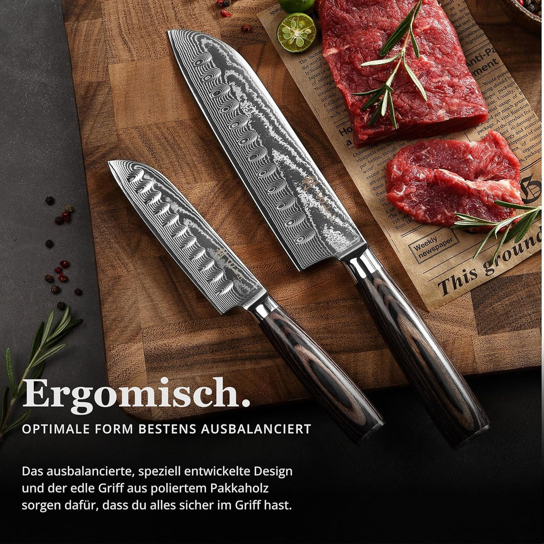 Wakoli EDIB Essentials 2er Damast Küchenmesser Set - 12cm & 18cm Santoku Messer aus 67 Lagen Damasts