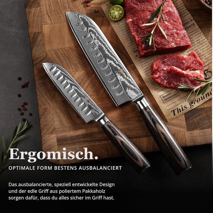 Wakoli EDIB Essentials 2er Damast Küchenmesser Set - 12cm & 18cm Santoku Messer aus 67 Lagen Damasts