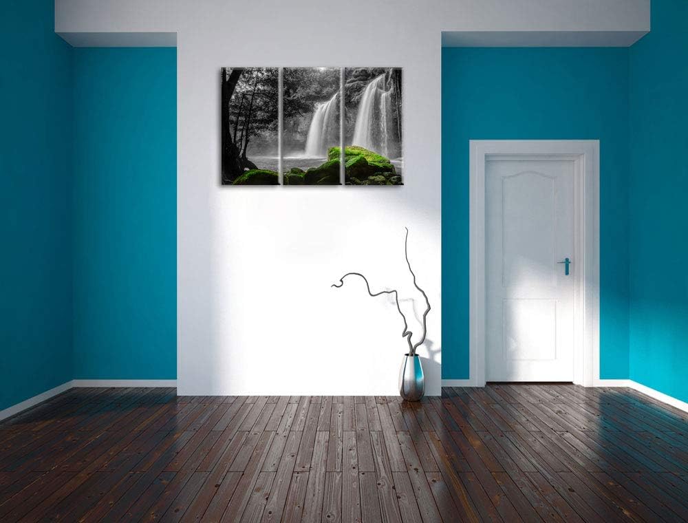 traumhafter Wasserfall im Dschungel schwarz/weiss 3-Teiler Leinwandbild 120x80 Bild auf Leinwand, XX