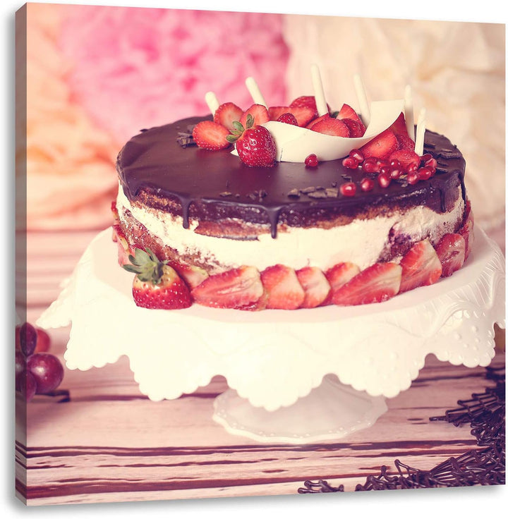 Köstliche Erdbeertorte, Format: 70x70 auf Leinwand, XXL riesige Bilder fertig gerahmt mit Keilrahmen