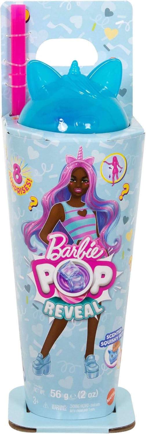 Barbie Pop Reveal Set aus Puppe und Accessoires, Shakes-Serie, duftende Einhorn-Modepuppe & Haustier