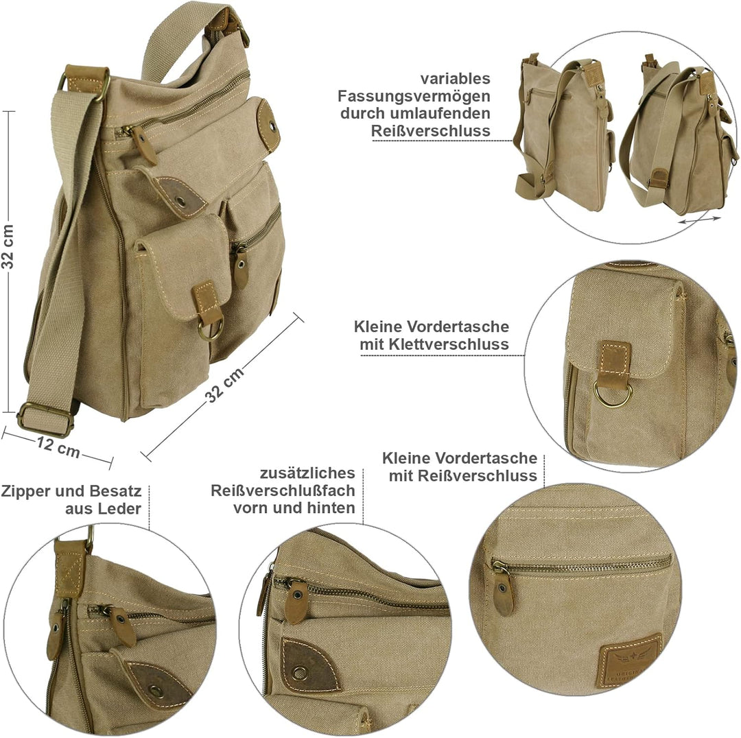JENNIFER JONES - Grosse Damen Handtasche aus Canvas und Echtleder - Vintage Look - Casual Schulterta
