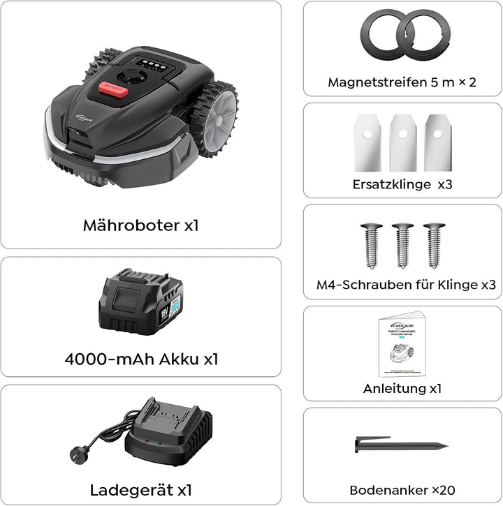 YARDCARE V3 Mähroboter ohne Begrenzungskabel, KI-Visionsnavigation, 150+ Hinderniserkennung, App-Ste