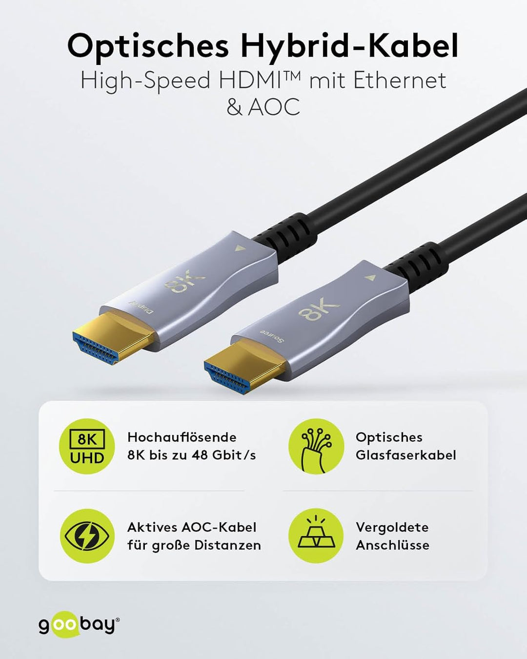 goobay 65561 HDMI Kabel 2.1 (AOC) 40 m / 8 K 60 Hz und 4 K 120 Hz Glasfaserkabel/Optisches HDMI Kabe