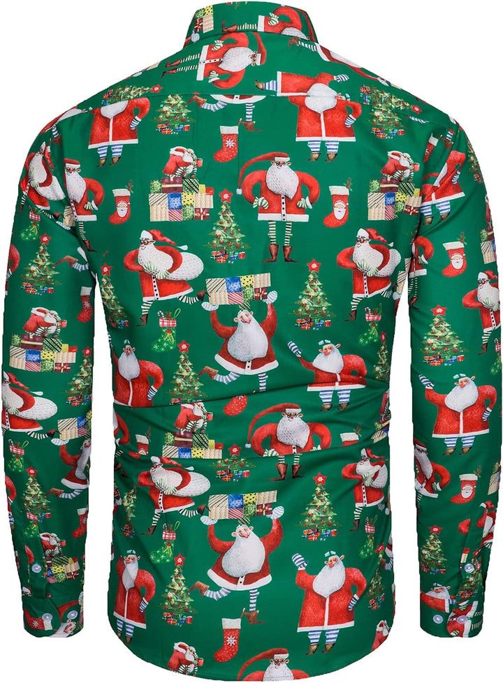 MOHEZ Herren Funky Christmas Print Weihnachtshemd Langarm Button Up Freizeithemd Rentier Santa Schne