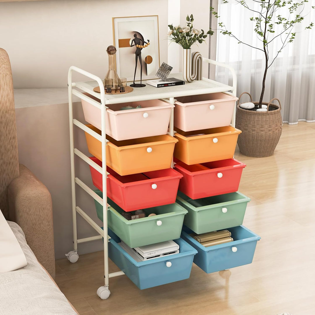 GOPLUS Rollwagen mit 10 Schubladen stapelbar, Rollcontainer mit Ablage & Metallgestell, Badregal, Au