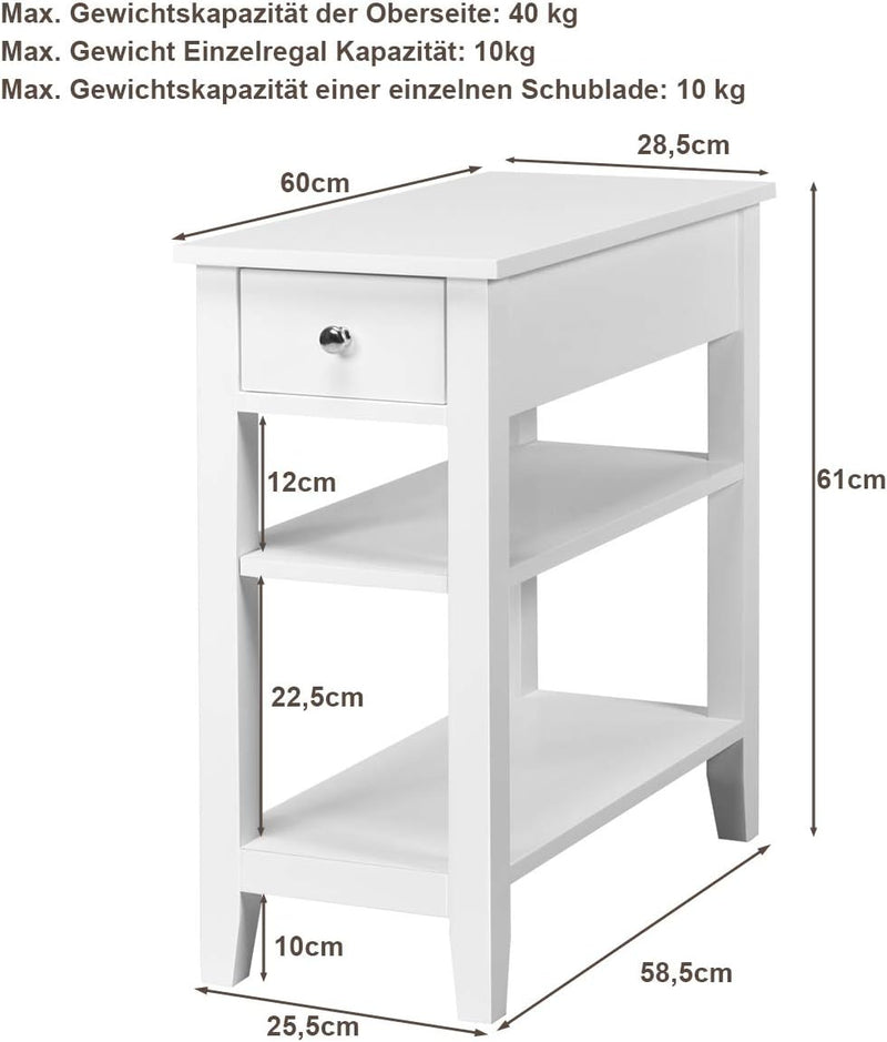 COSTWAY Beistelltisch mit Schublade und Ablage, 3-stöckiger Sofatisch aus Holz, schmaler Nachttisch