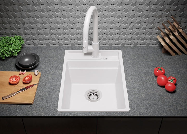 PRIMAGRAN Spülbecken Weiss 38x53cm, Granitspüle 1 Becken + Ablauf-Set, Küchenspüle ab 40er Unterschr