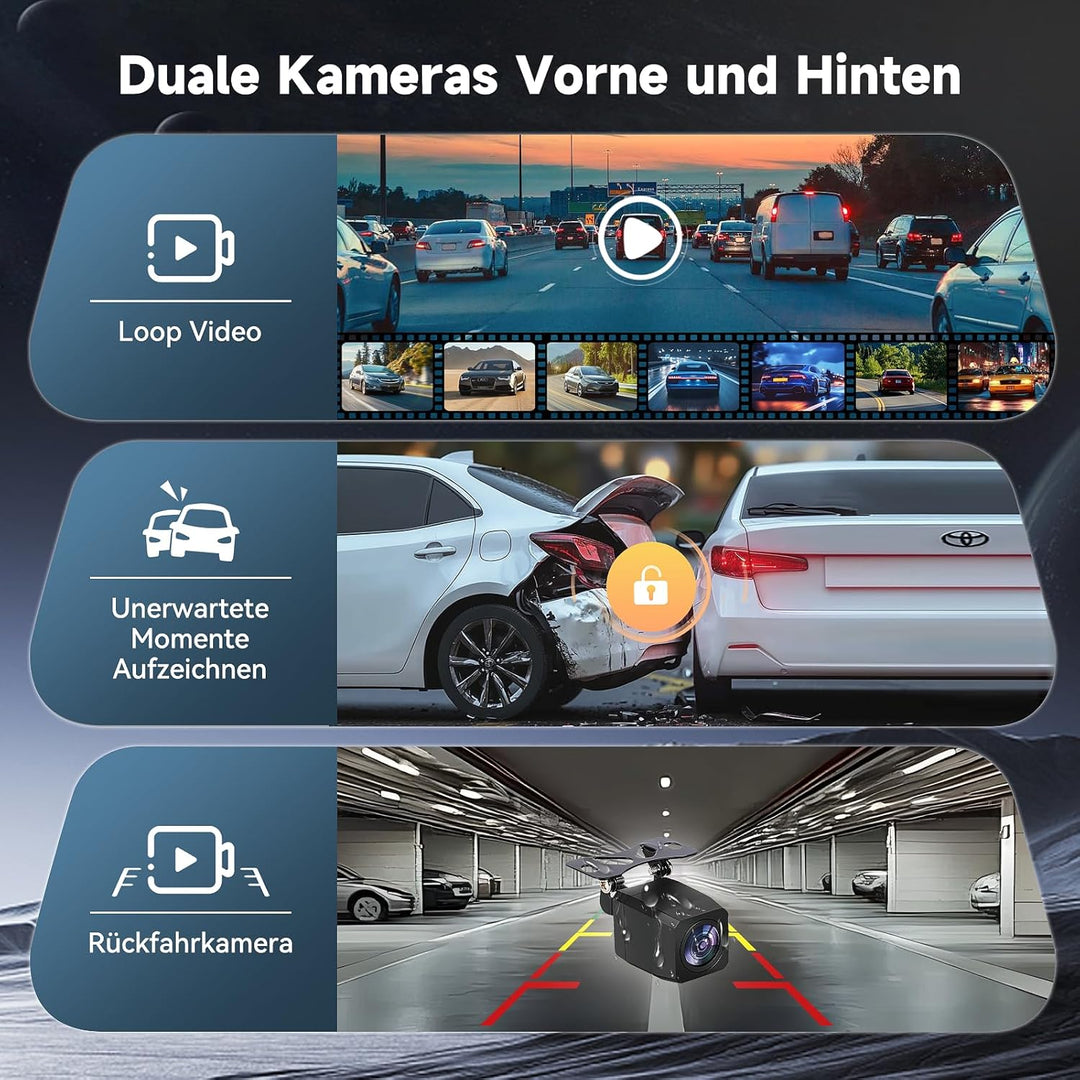 2026 Neuestes 12,5 Zoll 4K Rückfahrkamera Spiegel mit Wireless CarPlay Android Auto, Dashcam Auto Sp