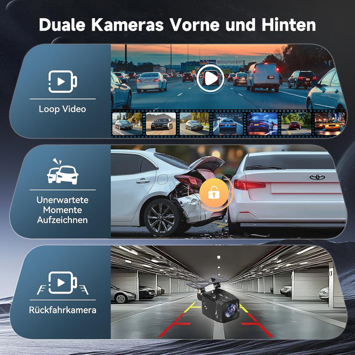 2026 Neuestes 12,5 Zoll 4K Rückfahrkamera Spiegel mit Wireless CarPlay Android Auto, Dashcam Auto Sp