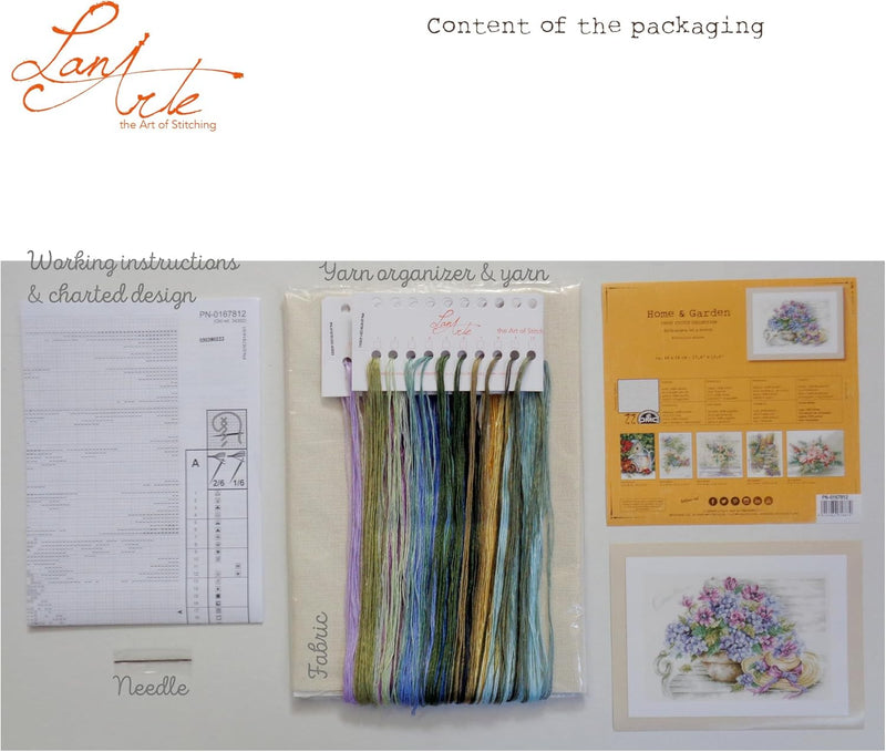 Lanarte Zählmusterpackung Hortensien/Bank Zählstoff Kreuzstichpackung, Baumwolle, Mehrfarbig, 44.0 x