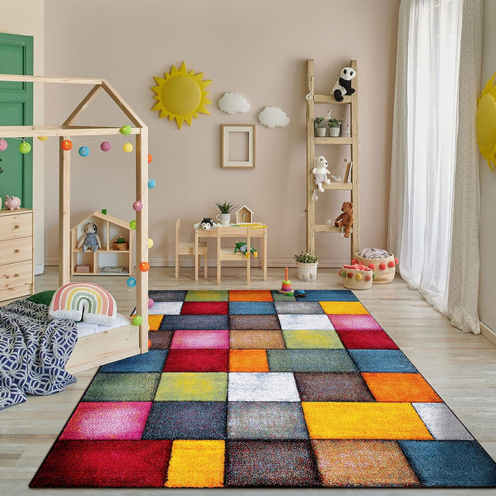 Paco Home Teppich Wohnzimmer Kinderzimmer Kurzflor Moderne 3D Optik Kariert Geometrische Muster, Grö