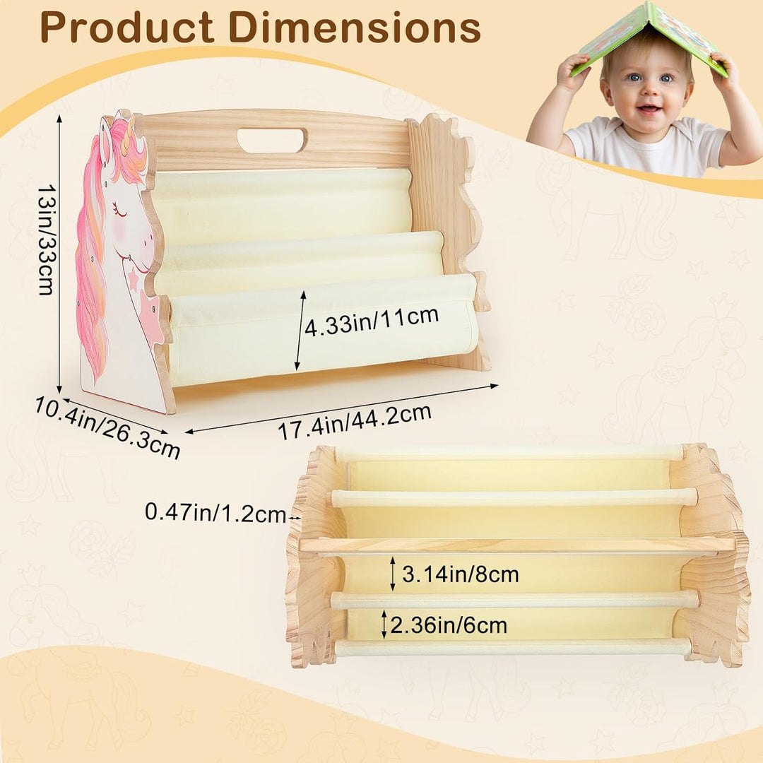 MHJY Bücherregal Kinder, doppelseitiges Holzregal mit robusten Canvas-Taschen, Montessori Stil, trag