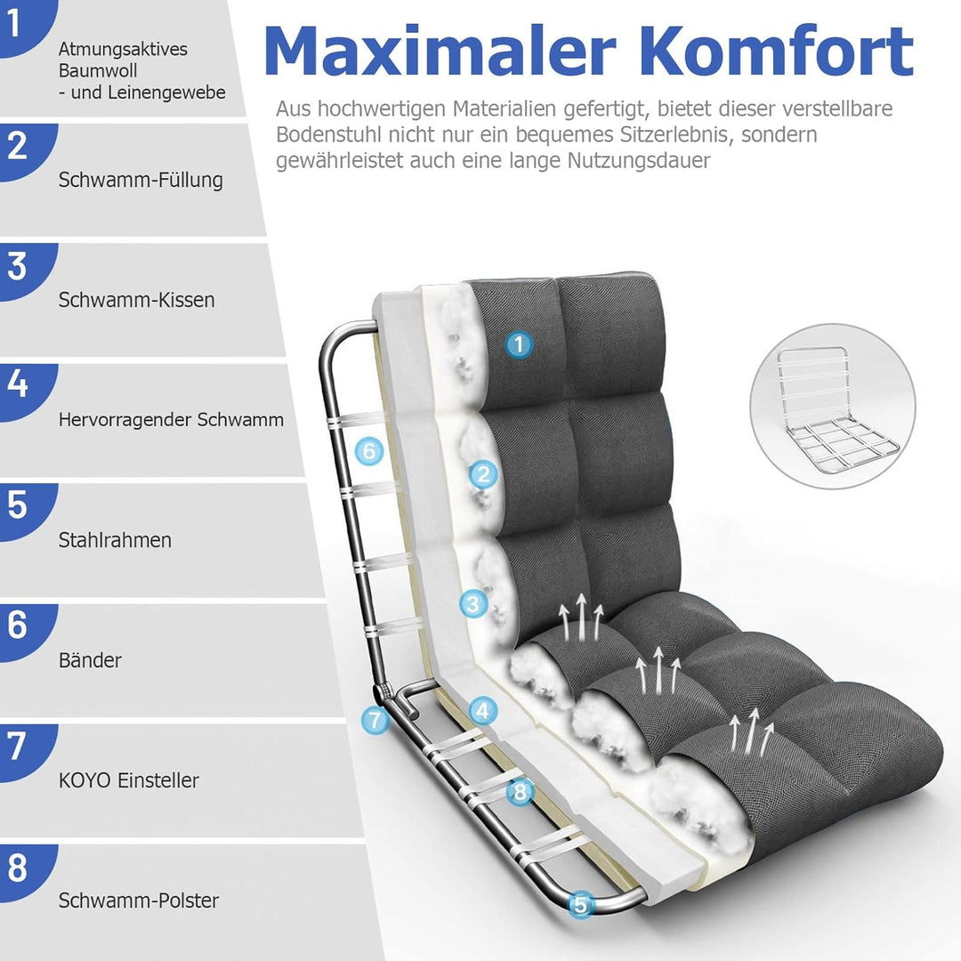 RELAX4LIFE Bodenstuhl Faltbar, Lazy Sofa, Meditationsstuhl, Bodensessel mit Verstellbarer Lehne, für