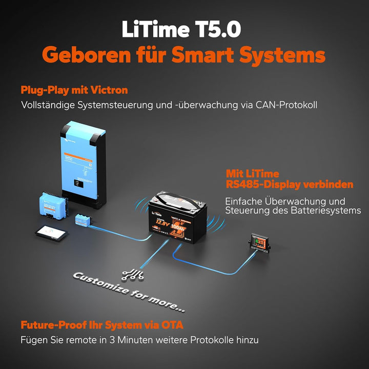 LiTime LiFePO4 12V 100Ah Lithium Batterie Bluetooth mit Victron System, CAN/RS485 Kommunikation, 100