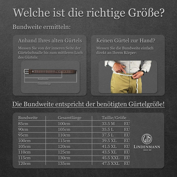 LINDENMANN Gürtel XXL bis zur Überlänge 170 cm Bundweite 90 cm Gesamtlänge 105 cm W 35.4 M, Bundweit