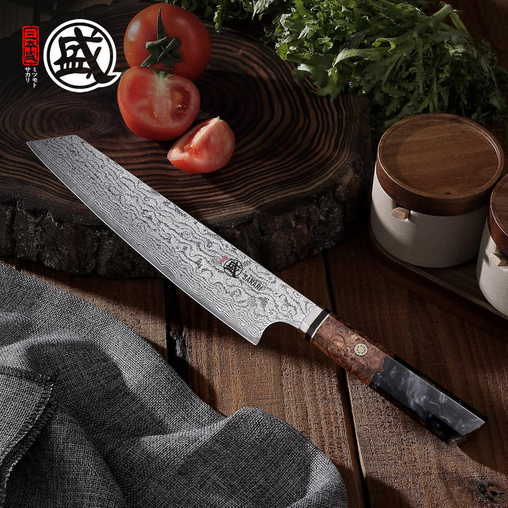 MITSUMOTO SAKARI 22 cm Handgeschmiedetes Japan Kiritsuke Kochmesser | AUS-10 Damaststahl Küchenmesse