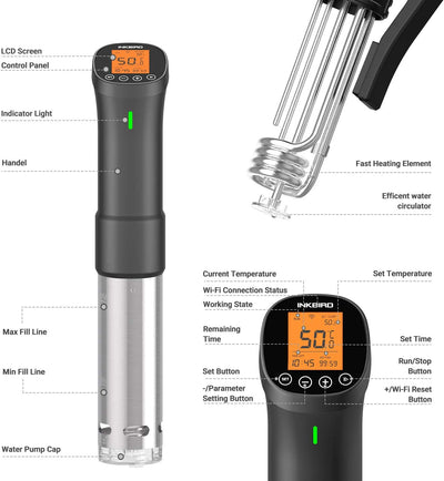 Inkbird Sous Vide Stick 1000 Watt,ISV-200W Sous Vide Garer App-Steuerung,360° Zirkulation,0℃-90℃ Tem