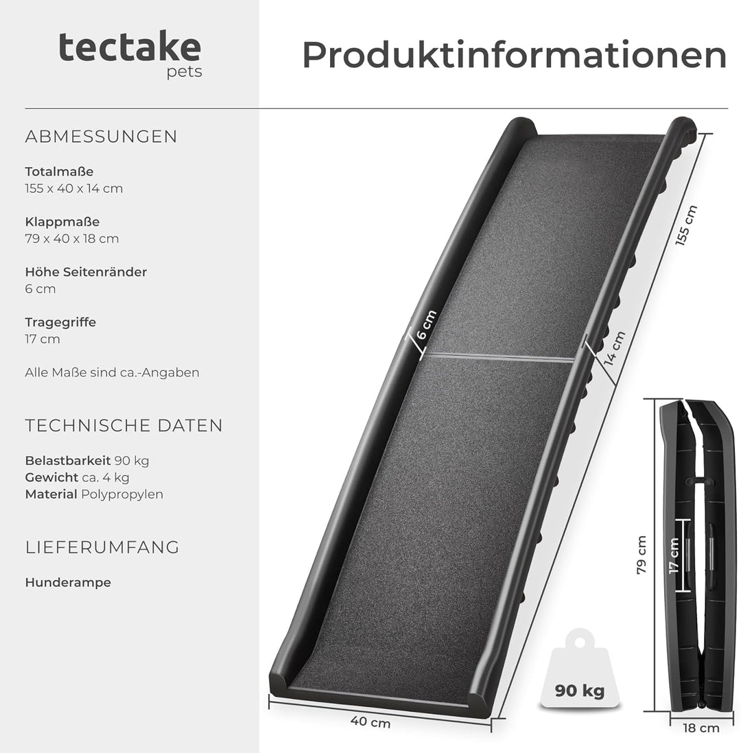 tectake® Hunderampe, klappbar und rutschfest, bis 90kg, Hunderampe Auto mit Kofferraumschutz, Hausti