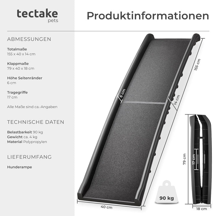 tectake® Hunderampe, klappbar und rutschfest, bis 90kg, Hunderampe Auto mit Kofferraumschutz, Hausti