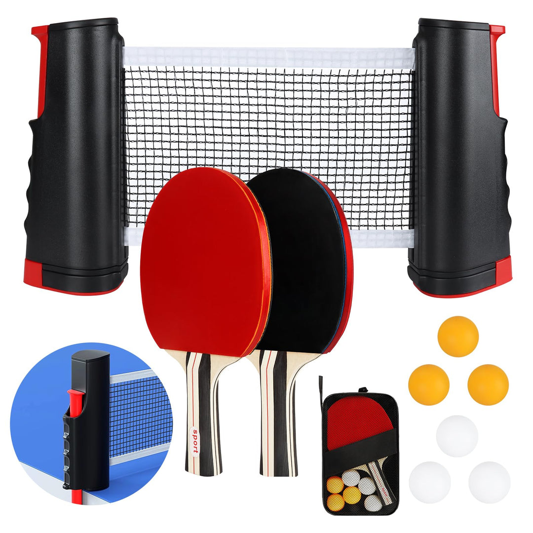 Tischtennisschläger Set,2 Schläger,6 Bälle,Einziehbares Tischtennisnetz und Tragetasche,Mobiles Tisc