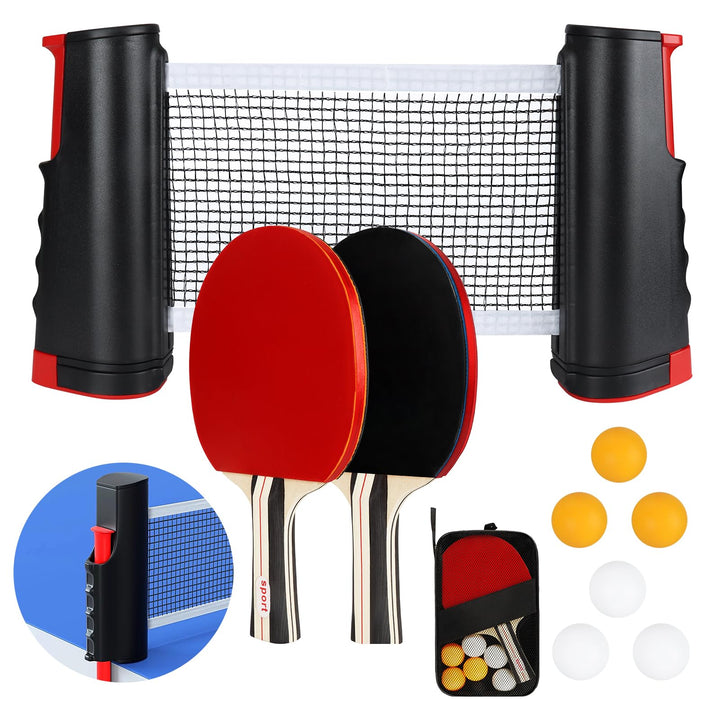 Tischtennisschläger Set,2 Schläger,6 Bälle,Einziehbares Tischtennisnetz und Tragetasche,Mobiles Tisc