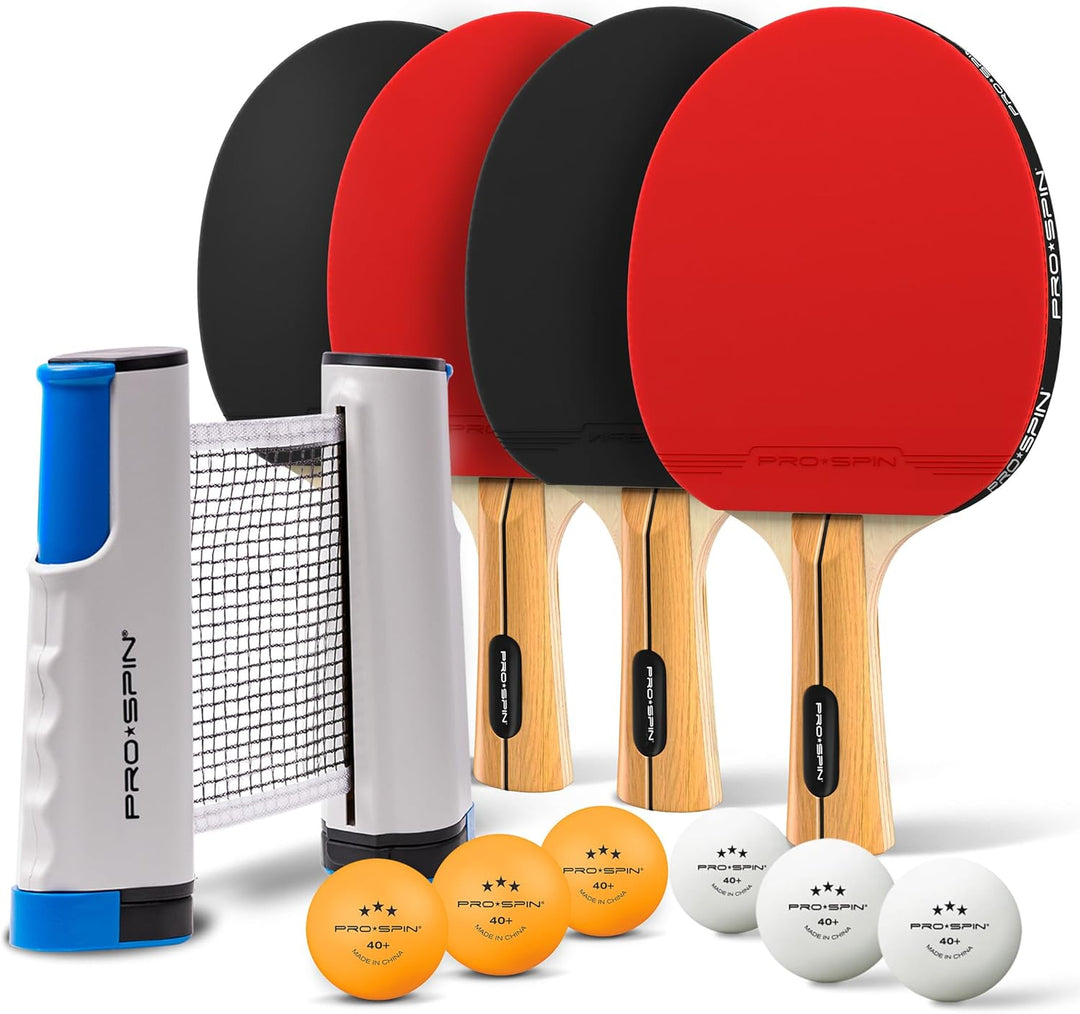 PRO-SPIN Tischtennisschläger Set - Mit Tischtennisnetz Für Jeden Tisch, Tischtennis bälle 3-Sterne,
