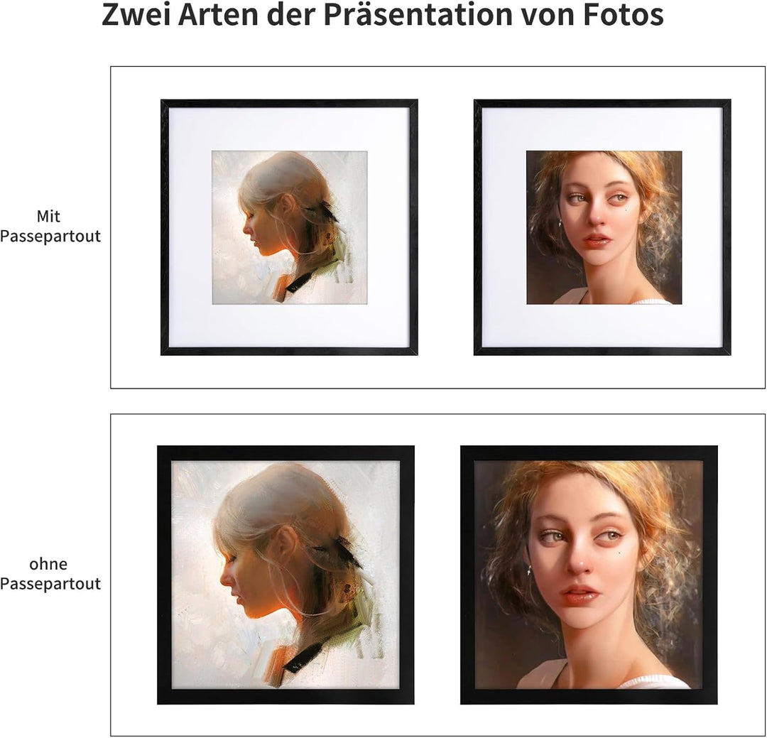 LYYYYX Bilderrahmen 25x25cm Schwarz mit Passepartout Fotorahmen Holz mit Acrylglas zum Senkrechten O