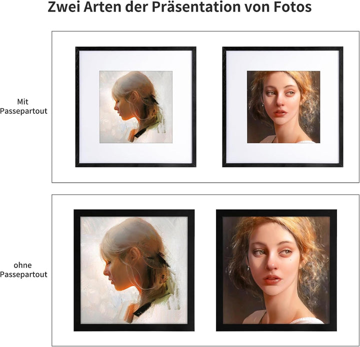 Bilderrahmen 25x25cm Schwarz mit Passepartout Fotorahmen Holz mit Acrylglas zum Senkrechten Oder Waa