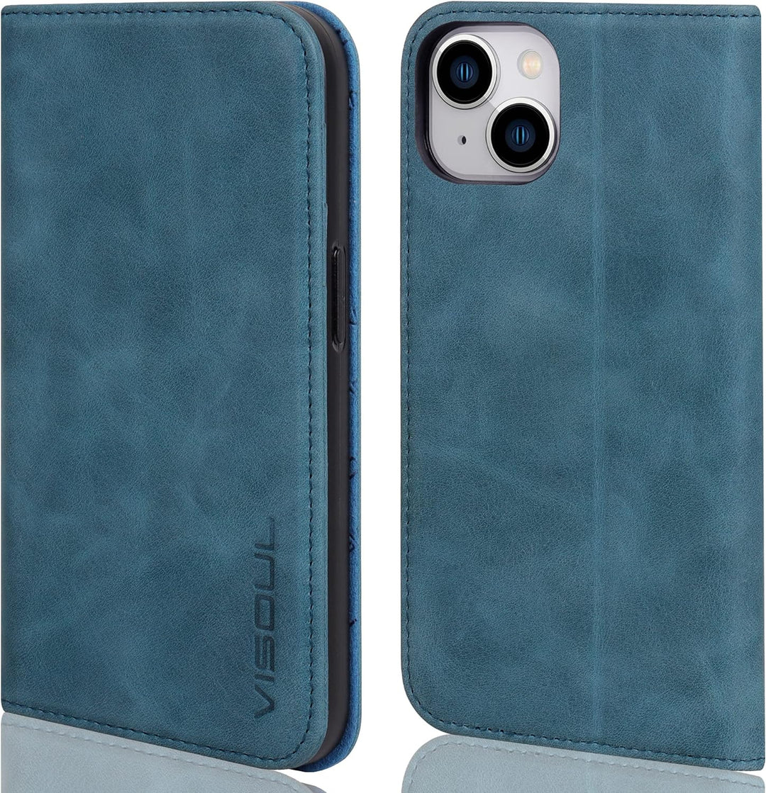 VISOUL iPhone 14 Plus Hülle, Stossfeste Handyhülle [Erstklassiges Rindsleder], TPU Schutzhülle [Kart