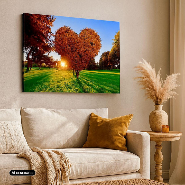 Bilder auf Leinwand 100x70cm Leinwandbild Baum Park Frühling Herz Gross Wanddeko Bild Schlafzimmer K