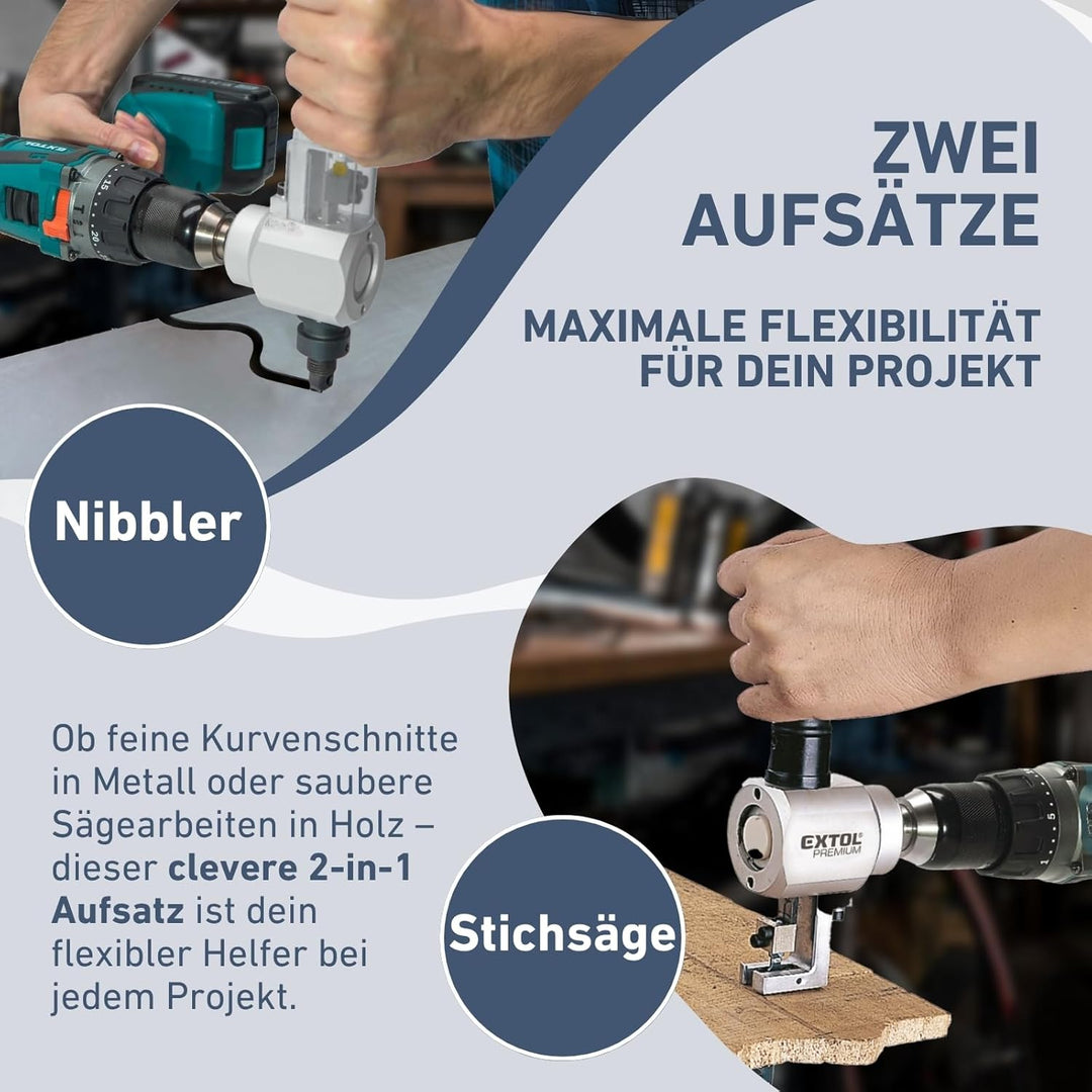 Nibbler-Stichsäge-Kombi-Aufsatz für Bohrmaschinen I Blechknabber & Stichsäge All-in-One-Bohraufsatz-