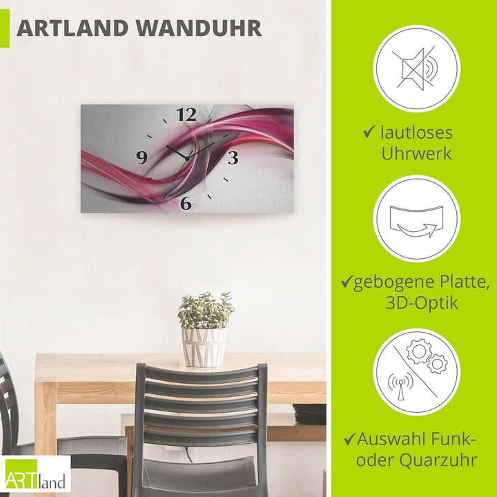 ARTLAND Wanddeko Wanduhr ohne Tickgeräusche Alu Quarzuhr 60x30 cm Eckig Lautlos 3D Design Welle Abst