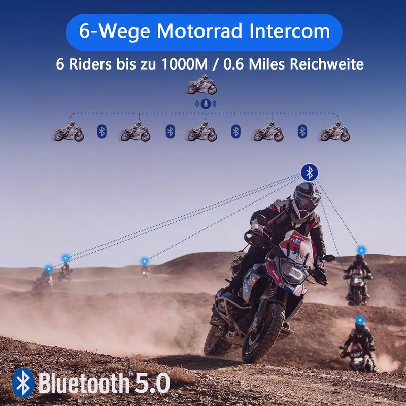 Fodsports FX6 Motorrad Bluetooth Headset, Intercom Motorrad Kommunikationssystem für 6 Motorräder mi